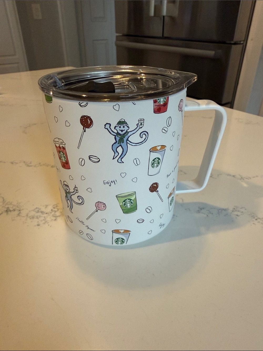 Roller Rabbit White Insulated Mug with Colorful Monkey & Coffee Illustrations